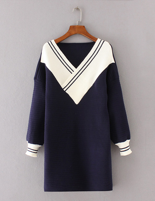 Fashion Navy V Neckline Decorated Long Sleeve Sweater
