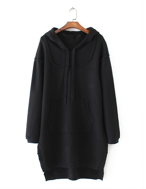 Fashion Black Pure Color Decorated Long Sleeve Hoodie