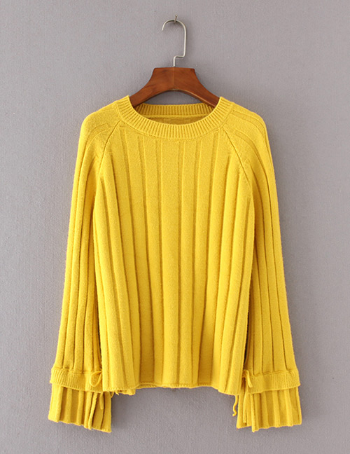 Fashion Yellow Pure Color Decorated Flare Sleeve Sweater