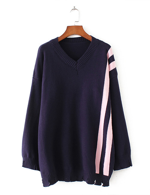 Fashion Navy Stripe Pattern Decorated Hole Design Sweater