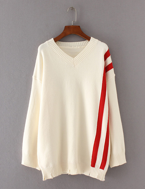 Fashion White Stripe Pattern Decorated Hole Design Sweater