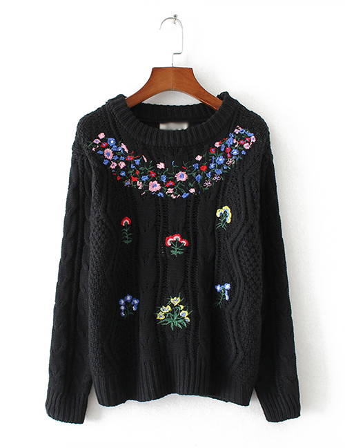 Fashion Black Flower Pattern Decorated Long Sleeve Sweater