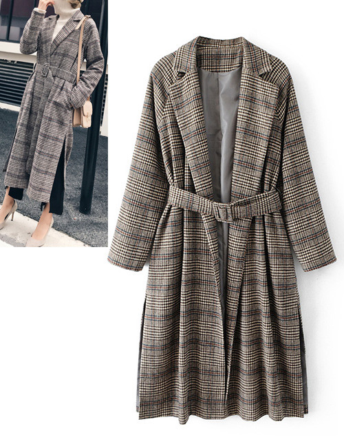 Fashion Khaki Stripe Pattern Decorated Long Sleeve Overcoat