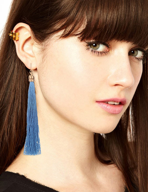 Fashion Blue Long Tassel Decorated Pure Color Earrings