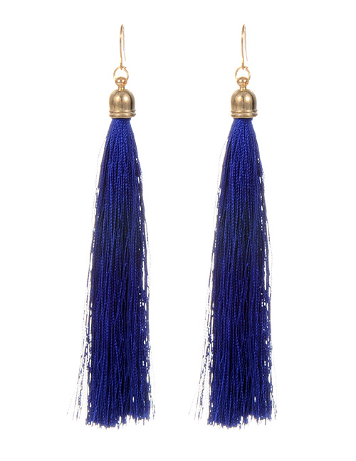 Fashion Sapphire Blue Long Tassel Decorated Pure Color Earrings