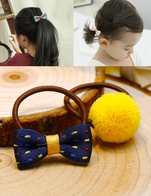 Lovely Yellow+navy Bowknot&fuzzy Ball Decorated Hair Band(2pcs)