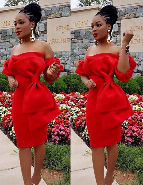 Sweet Red Bowknot Design Pure Color Off-the-shoulder Dress