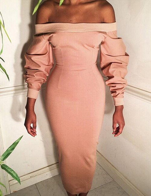 Sweet Pink Off-the-shoulder Design Pure Color Long Dress