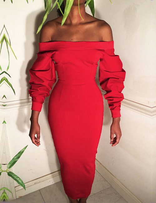 Sweet Red Off-the-shoulder Design Pure Color Long Dress