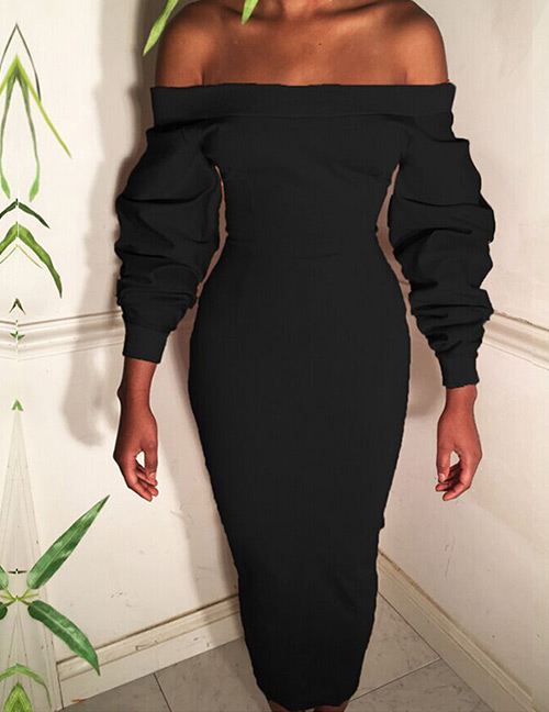 Sweet Black Off-the-shoulder Design Pure Color Long Dress