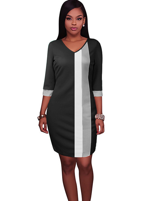 Fashion Black Stripe Pattern Decorated V Neckline Dress
