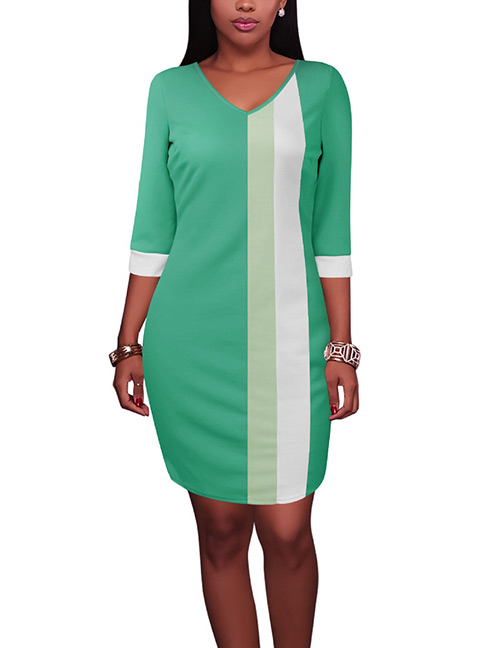 Fashion Light Green Stripe Pattern Decorated V Neckline Dress