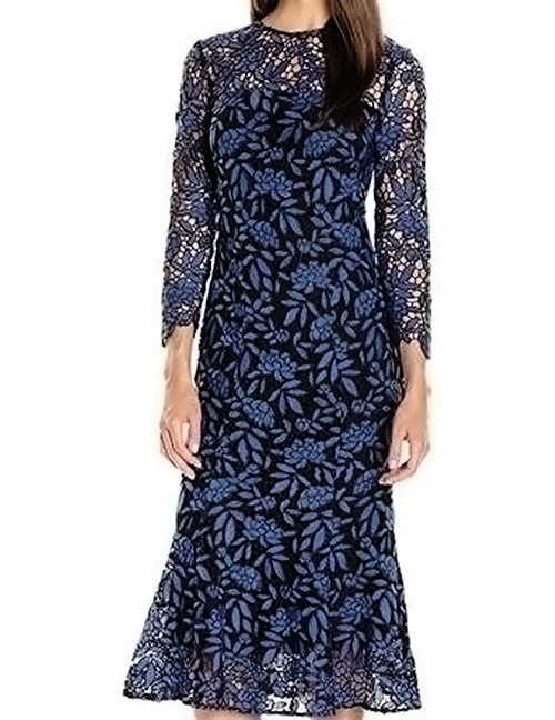 Trendy Blue Flower Pattern Decorated Hollow Out Long Dress