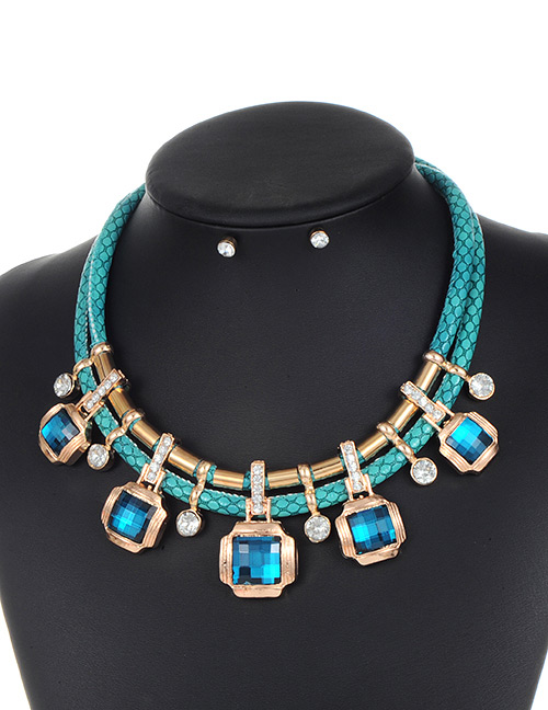 Trendy Blue Square Shape Decorated Double Layer Jewelry Sets