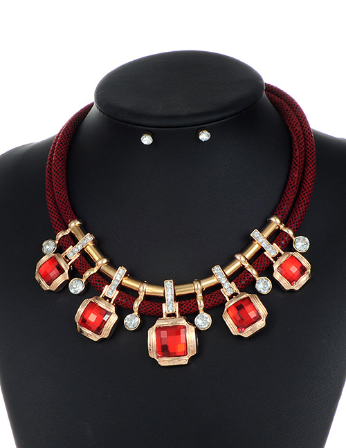 Trendy Red Square Shape Decorated Double Layer Jewelry Sets