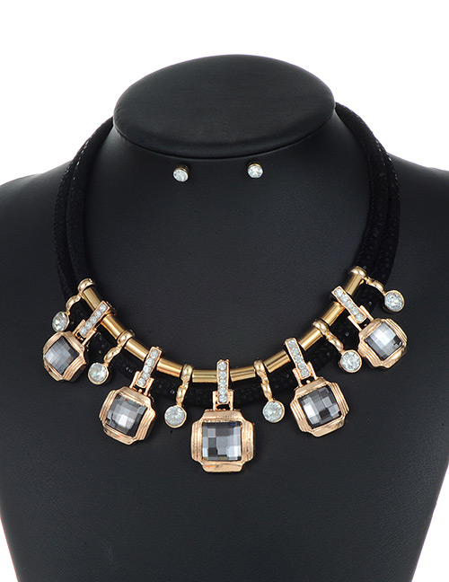 Trendy Black Square Shape Decorated Double Layer Jewelry Sets