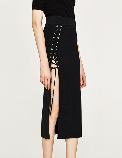 Trendy Black Pure Color Decorated Split Skirt
