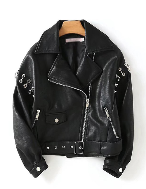 Trendy Black Rivet Decorated Pure Color Punk Coat