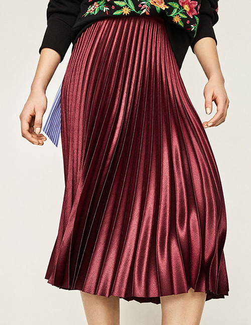 Trendy Claret Red Fold Shape Decorated Pure Color Skirt