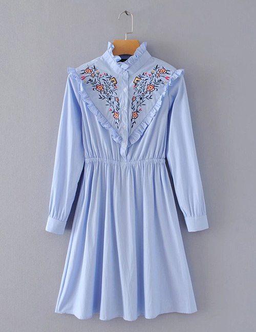 Trendy Blue Embroidery Flower Decorated Long Dress