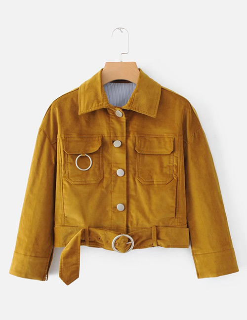 Trendy Yellow Circular Ring Decorated Pure Color Coat