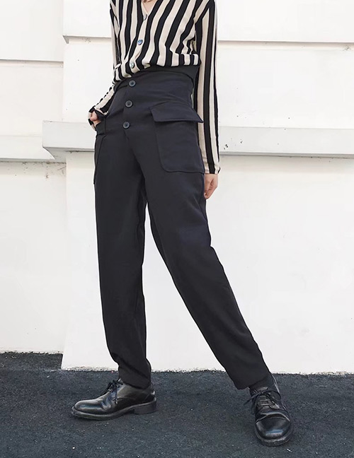 Trendy Black Pure Color Decorated Simple Pants