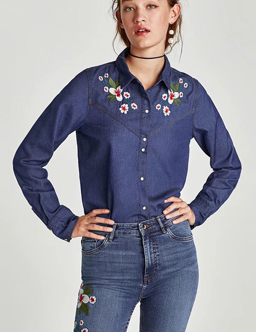 Trendy Blue Embroidery Flower Decorated Long Sleeves Shirts
