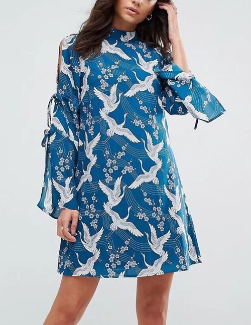 Trendy Blue Red-crowned Crane Pattern Decorated Simple Dress