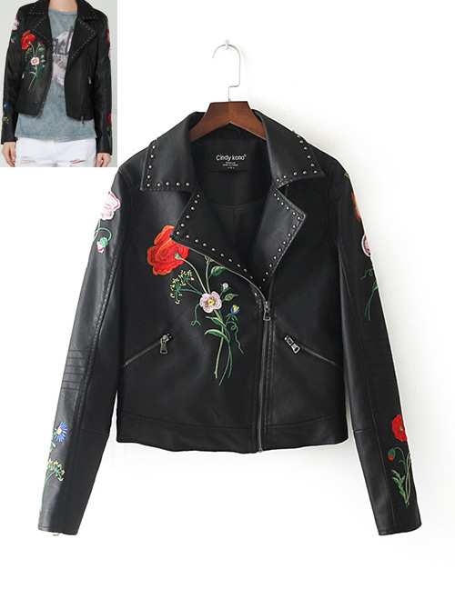 Fashion Black Flower Pattern Decorated Embroidery Jacket
