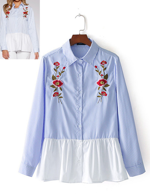 Fashion White+blue Flower Pattern Decorated Embroidery Shirt