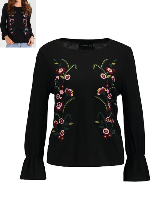 Fashion Black Embroidery Flower Decorated Long Sleeves Blouse