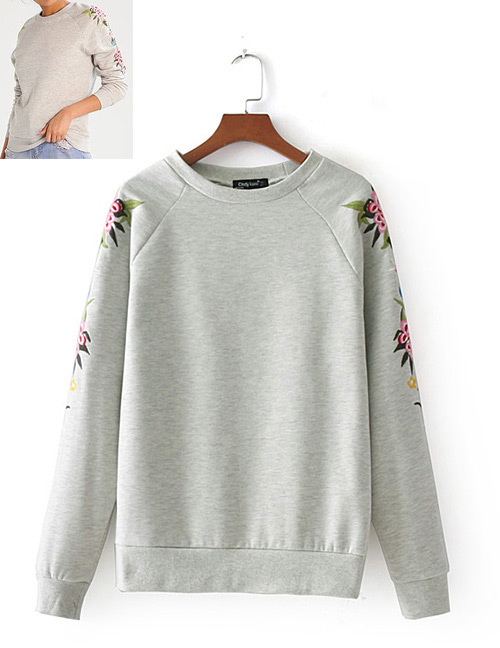 Fashion Gray Flower Pattern Decorated Long Sleeves Hoodie