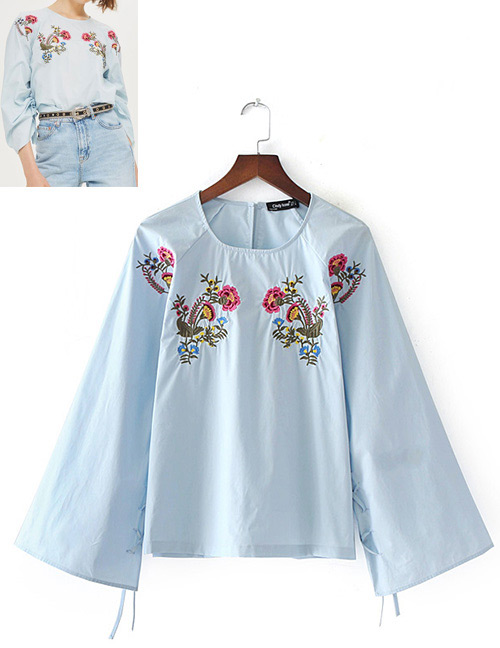 Fashion Blue Embroidery Flower Decorated Long Sleeves Blouse