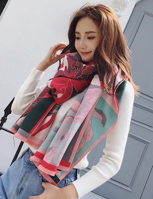 Trendy Red+blue Flower Pattern Decorated Thicken Dual Use Scarf