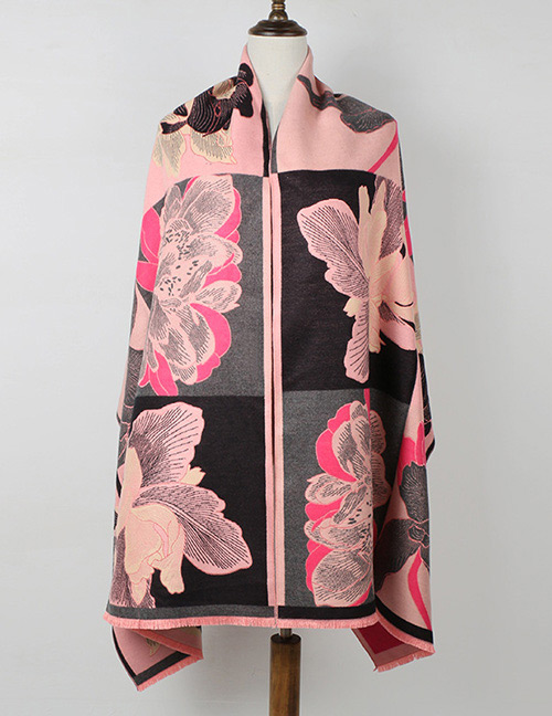 Trendy Pink+black Flower Pattern Decorated Thicken Dual Use Scarf