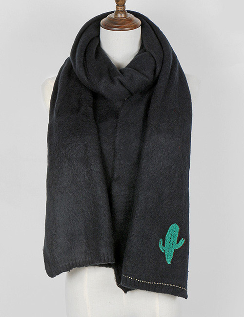 Trendy Black Cactus Pattern Decorated Thicken Scarf