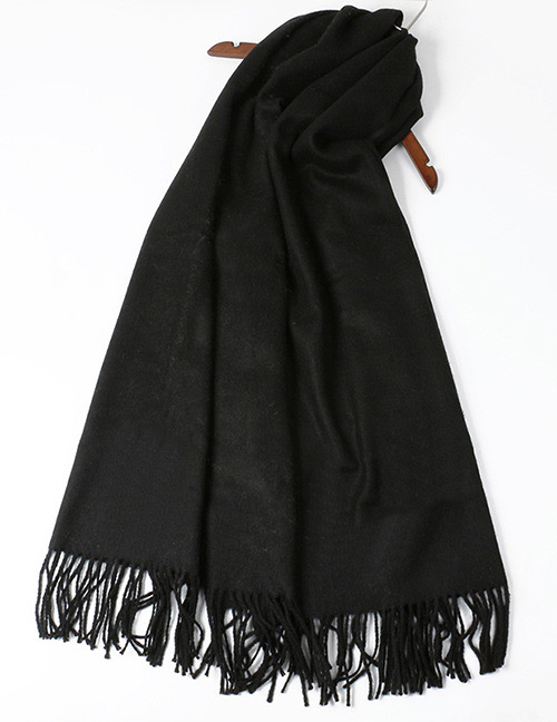 Trendy Black Pure Color Decorated Tassel Design Scarf