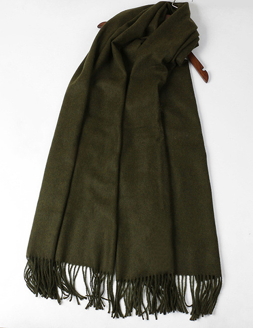 Trendy Olive Pure Color Decorated Tassel Design Scarf