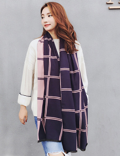 Fashion Navy+pink Grid Pattern Decorated Dual Use Scarf