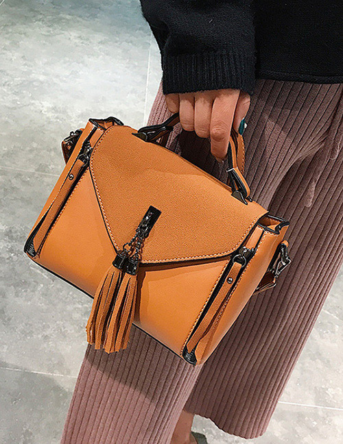 Trendy Brown Tassel Decorated Pure Color Shoulder Bag