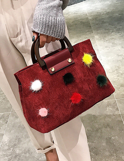 Trendy Red Fuzzy Balls Decorated Handbag