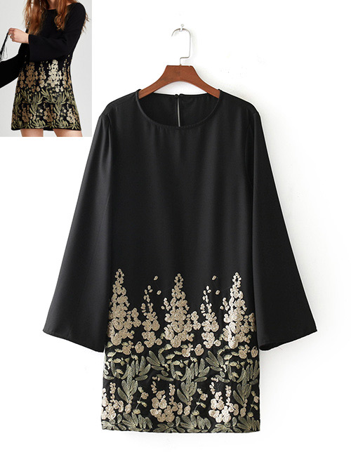 Fashion Black Flower Pattern Decorated Long Sleevs Dress