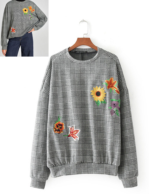 Fashion Gray Sunflower Pattern Decorated Long Sleevs Blouse