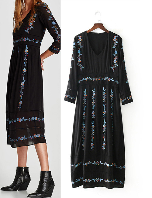 Fashion Black Embroidery Flower Decorated Long Dress