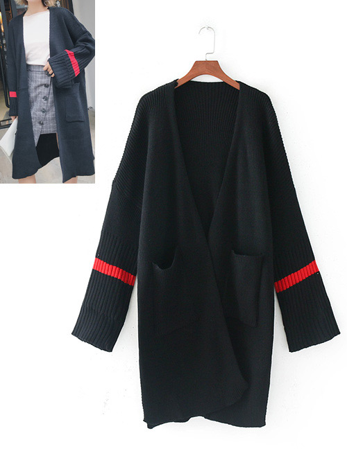 Fashion Black Stripe Pattern Decorated Long Coat