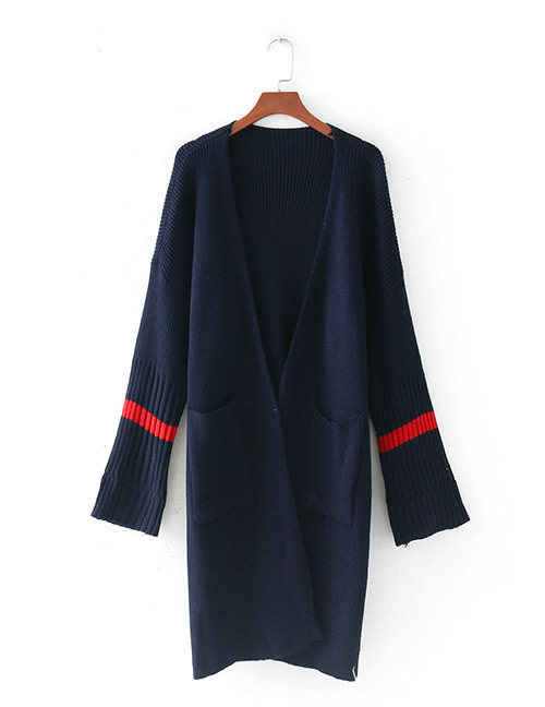 Fashion Navy Stripe Pattern Decorated Long Coat