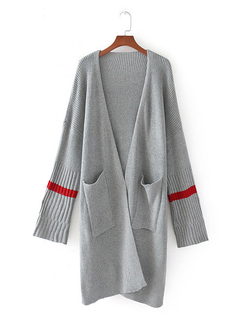 Fashion Gray Stripe Pattern Decorated Long Coat