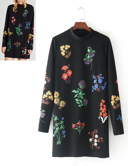 Fashion Black Embroidery Flower Decorated Long Dress