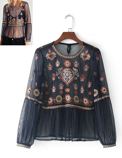 Fashion Navy Embroidery Flower Decorated Blouse