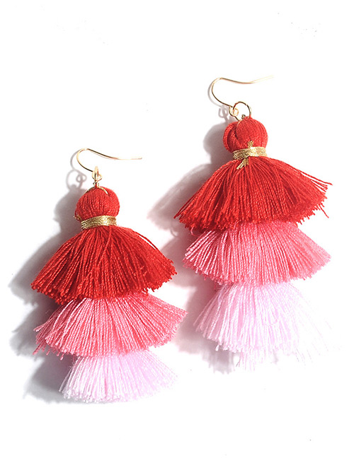 Bohemia Red Color-maching Decorated Multilayer Tassel Earrings
